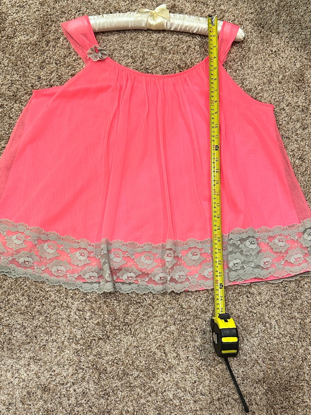 VTG 1960s Chic Lingerie Neon Pink Chiffon Lace Babydoll Lingerie Top Flower L - Picture 11 of 15